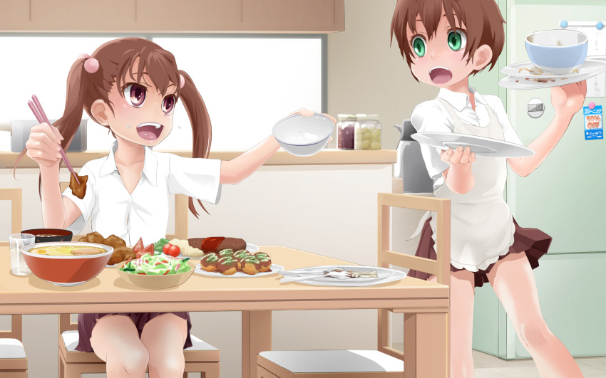 1boy androgynous apron blush bowl brother_and_sister brown_eyes brown_hair chopsticks commentary_request crossdressing female food food_on_face green_eyes highres meat open_mouth original otoko_no_ko outstretched_arm plate salad school_uniform serving short_hair siblings skirt smile twintails yuki18r