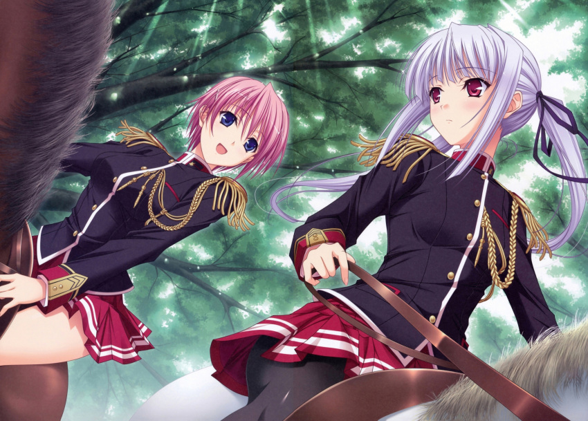 2girls absurdres female grey_hair highres kisaki_mio komori_kei lisa_eostre long_hair multiple_girls official_art pantyhose pink_hair ricotta risa_eostole seifuku short_hair twintails walkure_romanze