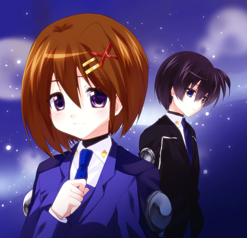 1boy black_hair blue_eyes brown_hair chrono_harlaown commentary_request female hair_ornament hair_ribbon highres kuroi_mimei long_sleeves lyrical_nanoha mahou_shoujo_lyrical_nanoha mahou_shoujo_lyrical_nanoha_a's military military_uniform necktie purple_eyes ribbon short_hair sky star_(sky) starry_sky tsab_executive_military_uniform tsab_naval_military_uniform uniform x_hair_ornament yagami_hayate