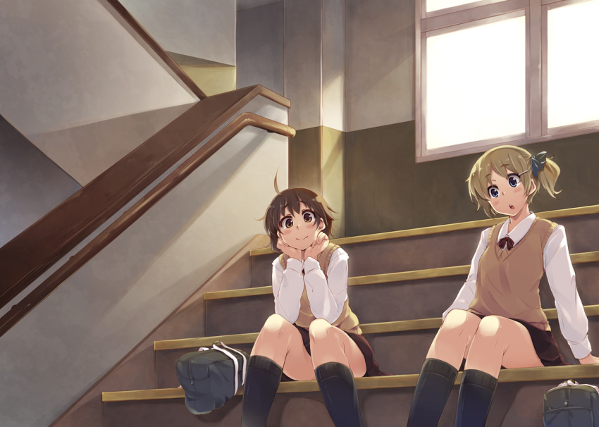 2girls :o ahoge bag black_legwear blonde_hair blue_eyes blush brown_hair commentary_request hands_on_own_face kneehighs looking_at_viewer multiple_girls original photoshop_(medium) red_eyes school_bag school_uniform short_hair sitting sitting_on_stairs skirt smile socks soine stairs sweater_vest twintails window