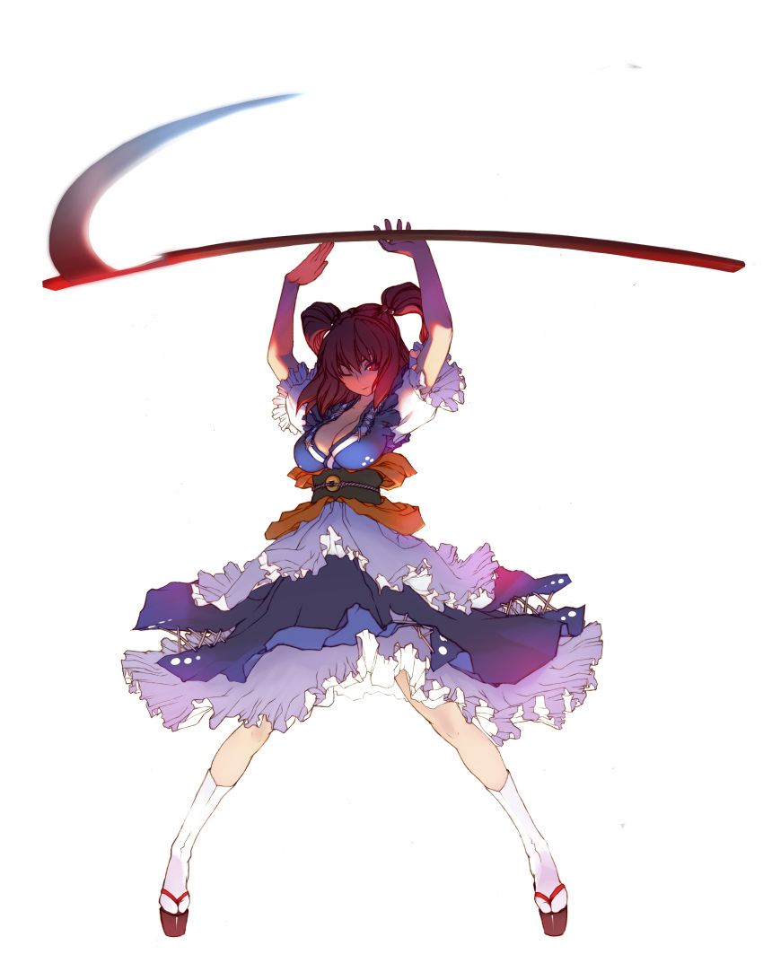 absurdres apron arms_up bad_id blue_dress breasts cleavage coin coin_on_string dress female flower full_body hair_bobbles hair_ornament highres holding holding_scythe holding_weapon large_breasts looking_at_viewer obi okobo one_eye_closed onozuka_komachi photoshop_(medium) puffy_short_sleeves puffy_sleeves red_eyes red_hair sandals sash scythe shaded_face short_hair short_sleeves sky smile socks solo spinning_weapon tabi touhou tsunekun two_side_up waist_apron weapon white_apron white_legwear white_socks