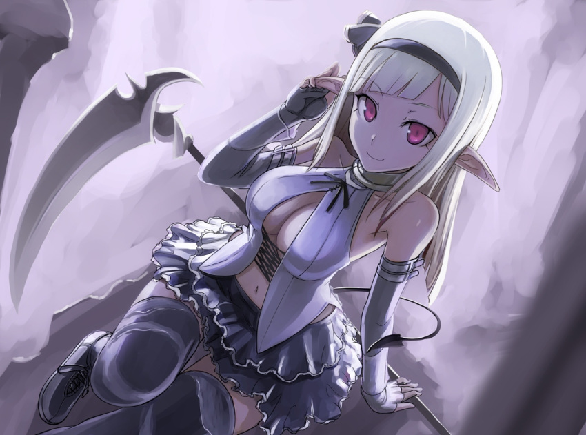 arm_support bare_shoulders black_thighhighs boots breasts cleavage commentary_request demon_tail elbow_gloves elf female fingerless_gloves frilled_skirt frills gloves grey_hair hairband halterneck large_breasts long_hair navel original pointy_ears purple_eyes red_eyes scythe sitting skirt smile solo tail tea_(nakenashi) thighhighs white_hair