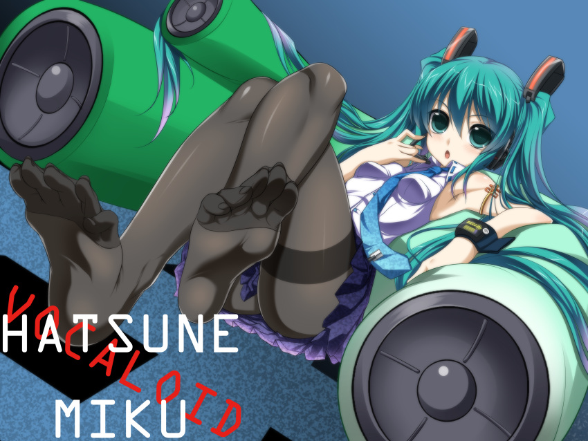 absurdres aqua_eyes aqua_hair armpits commentary_request crossed_legs dutch_angle feet female foot_focus hatsune_miku headset highres long_hair looking_at_viewer open_mouth pantyhose see-through sitting skirt soles solo thighband_pantyhose toes toron_(mino106) twintails vocaloid