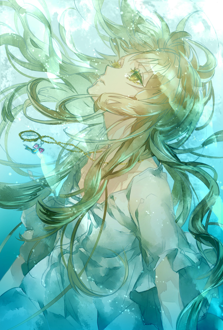 blonde_hair clock commentary_request dress female floating_hair highres jewelry kazari_tayu long_hair md5_mismatch original pendant solo underwater water yellow_eyes