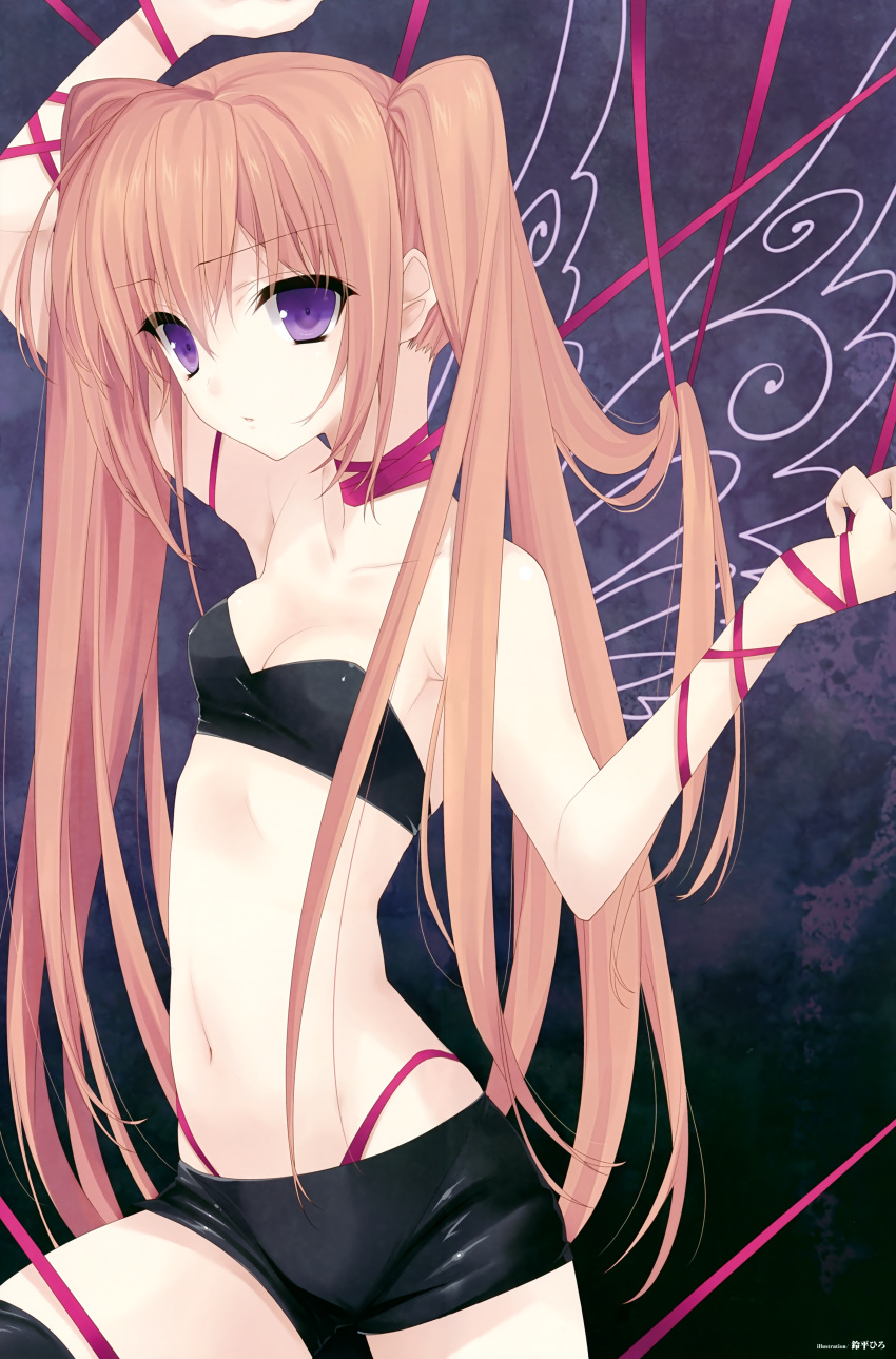 absurdres bike_shorts black_thighhighs bondage bondage bound breasts brown_hair cleavage female highres long_hair medium_breasts navel original purple_eyes ribbon ribbon_bondage scan solo suzuhira_hiro thighhighs two_side_up very_long_hair wings