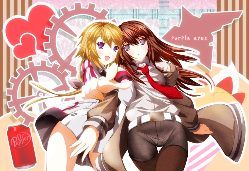 2girls :o blonde_hair blush charlotte_dunois commentary_request crossover dr_pepper infinite_stratos jacket long_hair makise_kurisu multiple_girls necktie open_mouth pantyhose pantyhose_under_shorts photoshop_(medium) purple_eyes red_necktie rinereeto shorts smile steins;gate