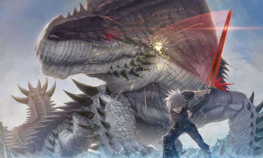 1boy battle commentary_request dinosaur gauntlets highres monster original photoshop_(medium) red_eyes short_hair size_difference sword water weapon white_hair zhen_lu