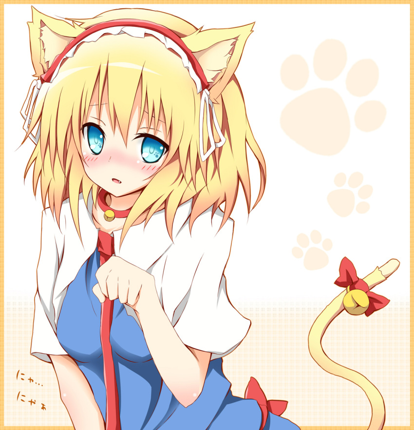 alice_margatroid animal_ears bad_id bad_pixiv_id bell blonde_hair blue_eyes blush border cat_ears collar female hairband highres karamoneeze kemonomimi_mode looking_at_viewer neck_bell necktie oerba_yun_fang paw_pose short_hair simple_background solo touhou translated white_background