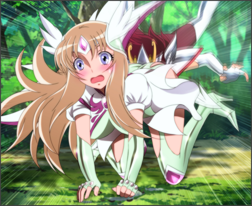 all_fours aquila_yuna armor blonde_hair blue_eyes blush boots breasts female forest grass high_heel_boots high_heels highres large_breasts legs long_hair looking_at_viewer nature open_mouth pegasus_koga red_hair saint_seiya saint_seiya_omega surprised thigh_boots thighhighs thighs tree trees yadokari_genpachirou