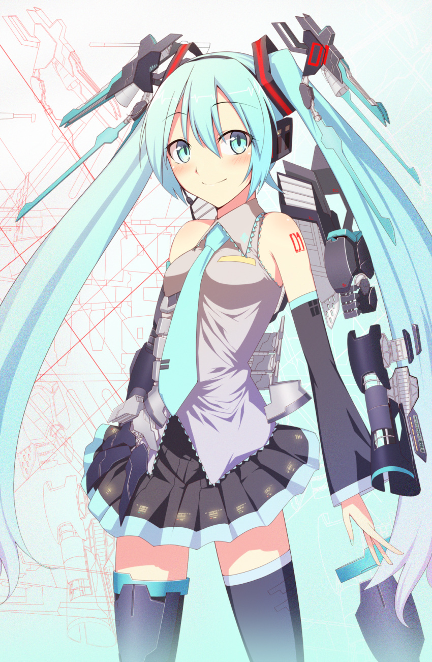 aqua_eyes aqua_hair bad_id bad_pixiv_id blush detached_sleeves female hatsune_miku headset highres kaiza_(rider000) long_hair necktie skirt smile solo thighhighs twintails very_long_hair vocaloid