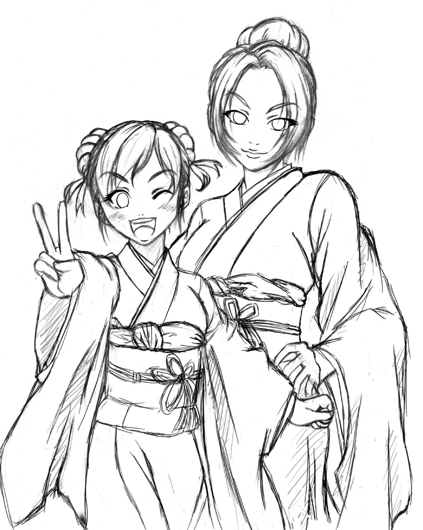 2girls alternate_hairstyle bad_id bad_pixiv_id blush double_bun eileen_(virtua_fighter) greyscale hair_bun hand_on_own_hip height_difference highres japanese_clothes kimono monochrome multiple_girls obi one_eye_closed sash single_hair_bun tal_yuji v vanessa_lewis virtua_fighter virtua_fighter_5 virtua_fighter_5:_final_showdown