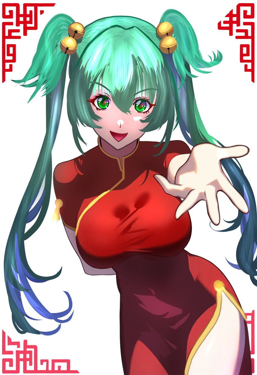 absurdres bell breasts china_dress chinese_clothes commission cui_yifei dress female green_eyes green_hair hair_bell hair_between_eyes hair_ornament highres kisaragi9a large_breasts long_hair looking_at_viewer muv-luv muv-luv_alternative muv-luv_total_eclipse pelvic_curtain reaching reaching_towards_viewer red_dress side_slit skeb_commission smile solo twintails two_side_up very_long_hair