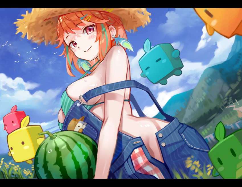 bare_shoulders bikini bikini_under_clothes blue_overalls blush bow breasts cowboy_shot earrings feather_earrings feathers female food fruit gradient_hair highres holding holding_food holding_fruit hololive hololive_english jewelry junimo large_breasts looking_at_viewer medium_hair multicolored_hair official_alternate_costume orange_hair overalls red_eyes solo stardew_valley striped_bow swimsuit takanashi_kiara takanashi_kiara_(casual) virtual_youtuber watermelon yoshikawa_hiro