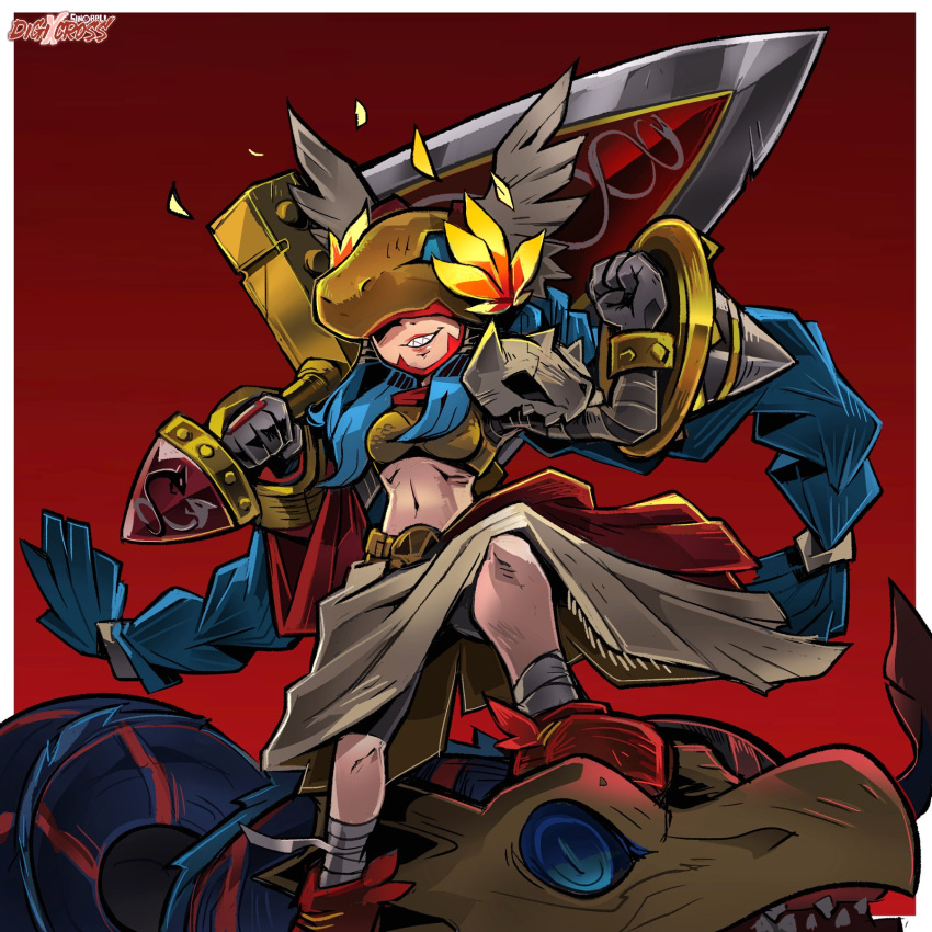 armor blue_hair border braid breastplate breasts digimon digimon_(creature) female hades_(series) helmet highres holding holding_shield holding_sword holding_weapon long_hair minervamon navel red_background seadramon sharp_teeth shield sinobali small_breasts smirk snake solo_focus sword teeth twin_braids weapon white_border yellow_helmet