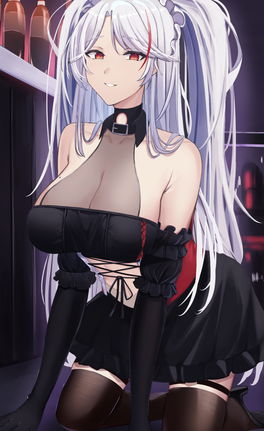 azur_lane bar_(place) bare_shoulders black_dress black_gloves breasts brown_thighhighs cleavage dress elbow_gloves female gloves highres indoors kneeling large_breasts leaning_forward long_hair looking_at_viewer maid_headdress multicolored_hair official_alternate_costume orange_eyes prinz_eugen_(azur_lane) prinz_eugen_(kindred_evening_spirits)_(azur_lane) red_hair ref_(pmxt4483) see-through see-through_dress solo streaked_hair thigh_strap thighhighs two-tone_hair very_long_hair white_hair zettai_ryouiki