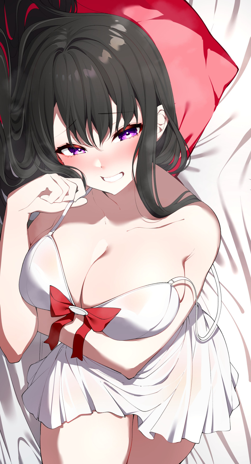 absurdres arm_under_breasts bare_shoulders bed_sheet black_hair blush bow breasts cleavage collarbone commission darjeeling_(reley) dress female hand_up highres koinoya_mai large_breasts long_hair looking_at_viewer lying on_bed on_side parted_lips pillow propro_production purple_eyes red_bow second-party_source skeb_commission solo virtual_youtuber white_dress