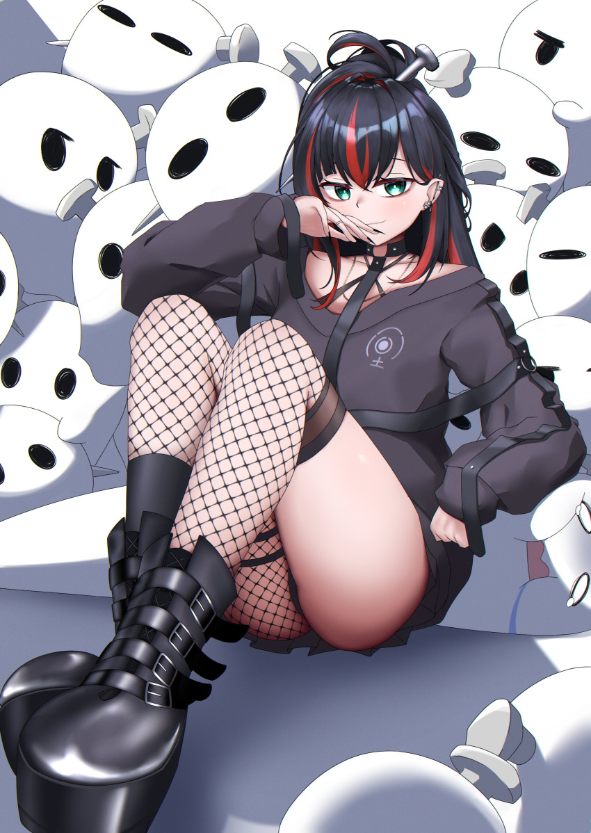 absurdres alain23desu black_footwear black_hair black_nails black_skirt boots closed_mouth collarbone ear_piercing earrings female fingernails fishnet_pantyhose fishnet_thighhighs fishnets green_eyes grey_sweater highres jewelry long_hair mika_melatika miniskirt multicolored_hair nail naki_(naki_notfound) nijisanji pantyhose piercing red_hair ring sharp_fingernails single_leg_pantyhose skirt streaked_hair sweater thighhighs virtual_youtuber