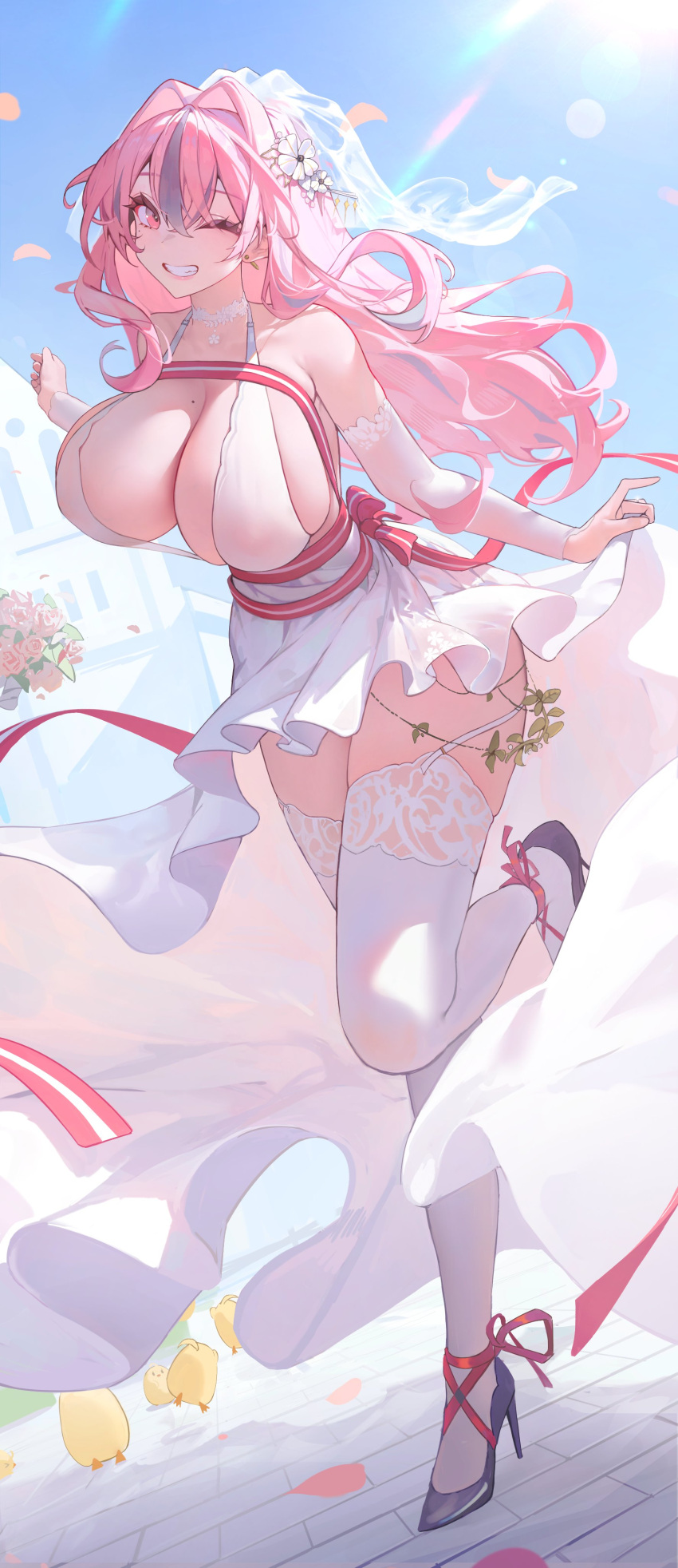 absurdres azur_lane bouquet breasts bremerton_(azur_lane) bremerton_(joyride_of_love)_(azur_lane) bridal_gauntlets bridal_veil church dress earrings female flower garter_straps grin hair_intakes halterneck high_heels highres huge_breasts jewelry lace-trimmed_legwear lace-trimmed_thighhighs lace_trim long_hair manjuu_(azur_lane) mole mole_on_breast multicolored_hair one_eye_closed outdoors pink_eyes pink_hair ring smile solo solo_focus ssr_(azmr2828) stiletto_heels streaked_hair veil wedding_dress wedding_ring white_bridal_gauntlets white_dress white_flower white_garter_straps white_veil