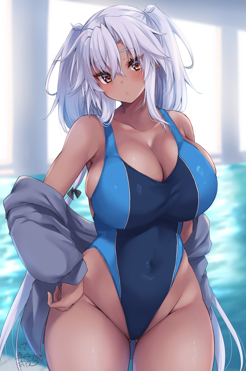 absurdres alternate_costume ass_visible_through_thighs blue_one-piece_swimsuit breasts brown_eyes competition_swimsuit cowboy_shot dark-skinned_female dark_skin female grey_hair hair_between_eyes highleg_one-piece_swimsuit highres huge_breasts kantai_collection long_hair looking_at_viewer mashiro_yukiya musashi_(kancolle) musashi_kai_ni_(kancolle) one-piece_swimsuit solo standing swimsuit twintails two-tone_swimsuit very_long_hair