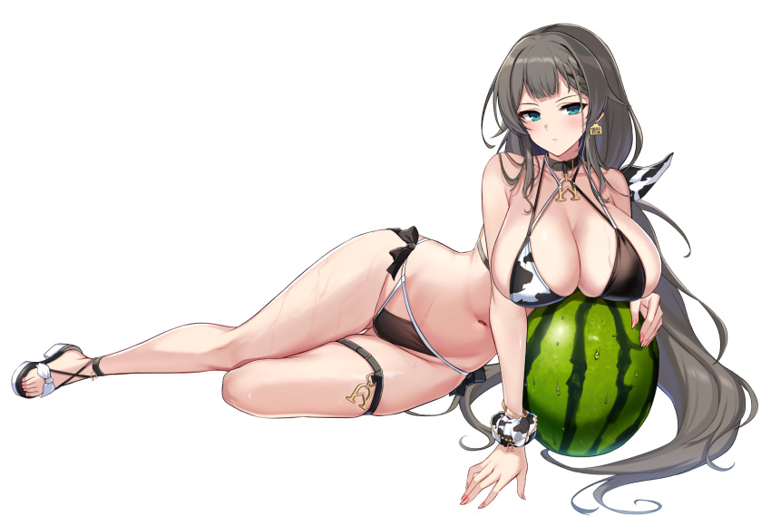 animal_print bikini blunt_bangs breasts counter:side cow_print ear_tag female food fruit full_body highres jaina_kropel large_breasts long_hair navel official_art print_bikini sandals swimsuit tachi-e thigh_strap transparent_background watermelon