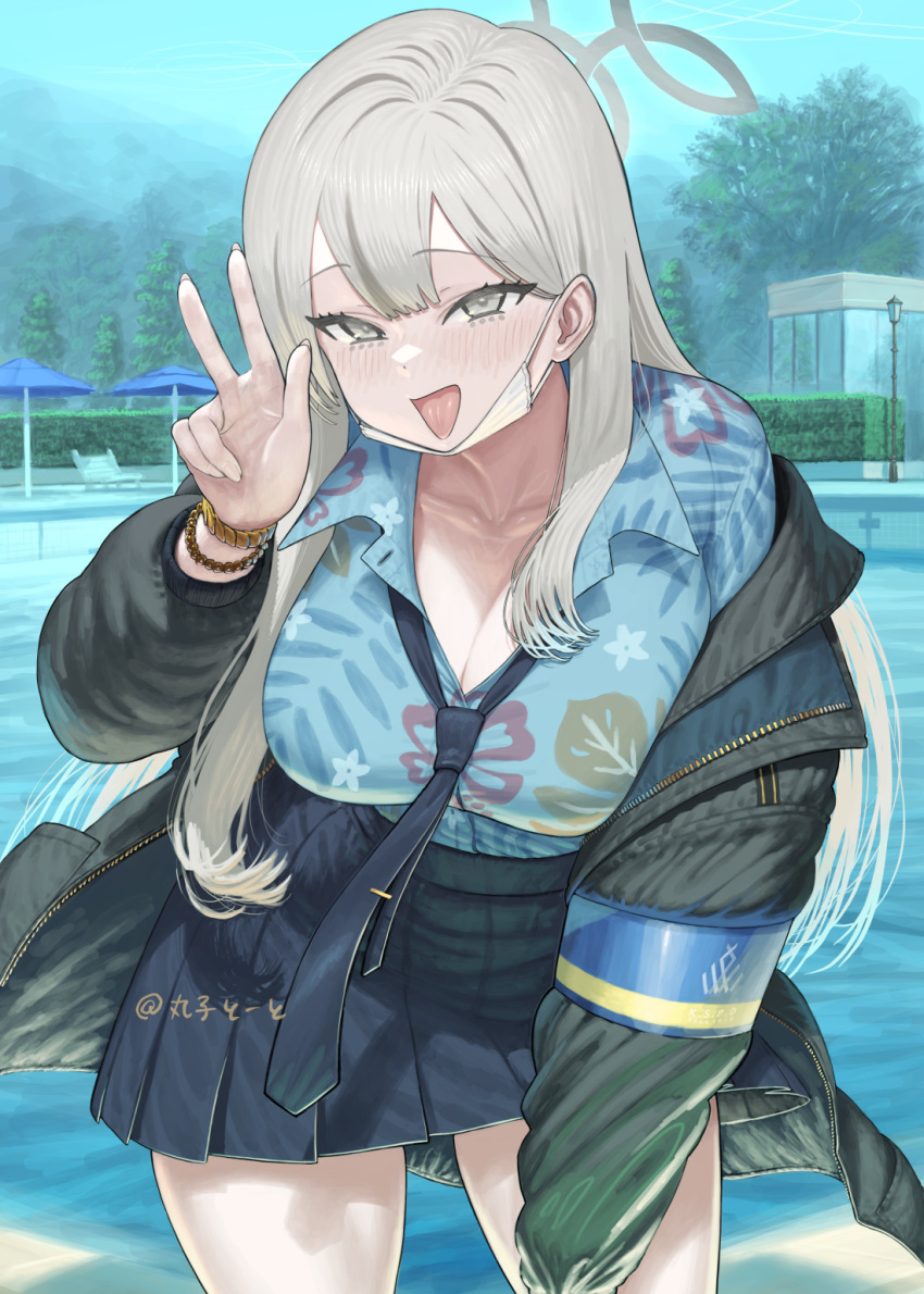 black_skirt blue_archive blue_shirt breasts cleavage collarbone collared_shirt cowboy_shot day female grey_eyes grey_hair grey_halo grey_jacket halo hawaiian_shirt highres jacket konoka_(blue_archive) long_hair long_sleeves looking_at_viewer maruko_tooto medium_breasts open_clothes open_jacket open_mouth outdoors pleated_skirt shirt skirt smile solo w