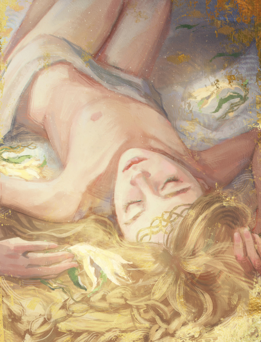 1boy absurdly_long_hair absurdres blonde_hair braid closed_eyes closed_mouth covered_groin elden_ring flower highres long_hair lying miquella_(elden_ring) nakadai_chiaki nipples nude on_back thighs very_long_hair