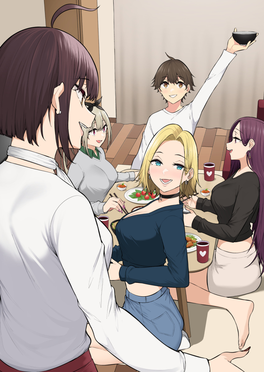 1boy 4girls ahoge arm_up black_choker black_shirt blonde_hair blue_eyes blue_shorts bowl breasts brown_eyes brown_hair choker chopsticks cleavage collared_shirt commentary_request cup curtains earrings food from_above green_shirt grey_hair grey_sweater grin hair_behind_ear hamazaki_reina high-waist_shorts highres holding holding_bowl holding_chopsticks imaizumi's_mother imaizumi_(imaizumin-chi) imaizumin-chi_wa_douyara_gal_no_tamariba_ni_natteru_rashii indoors jewelry kurumizaka_ruri large_breasts long_hair looking_at_another looking_to_the_side midriff miniskirt multiple_girls nori_gorou open_mouth pink_eyes pink_nails purple_eyes purple_hair sasaki_yukina seiza shirt short_hair shorts sitting skirt smile standing straight_hair sweater wariza white_shirt white_skirt wooden_floor