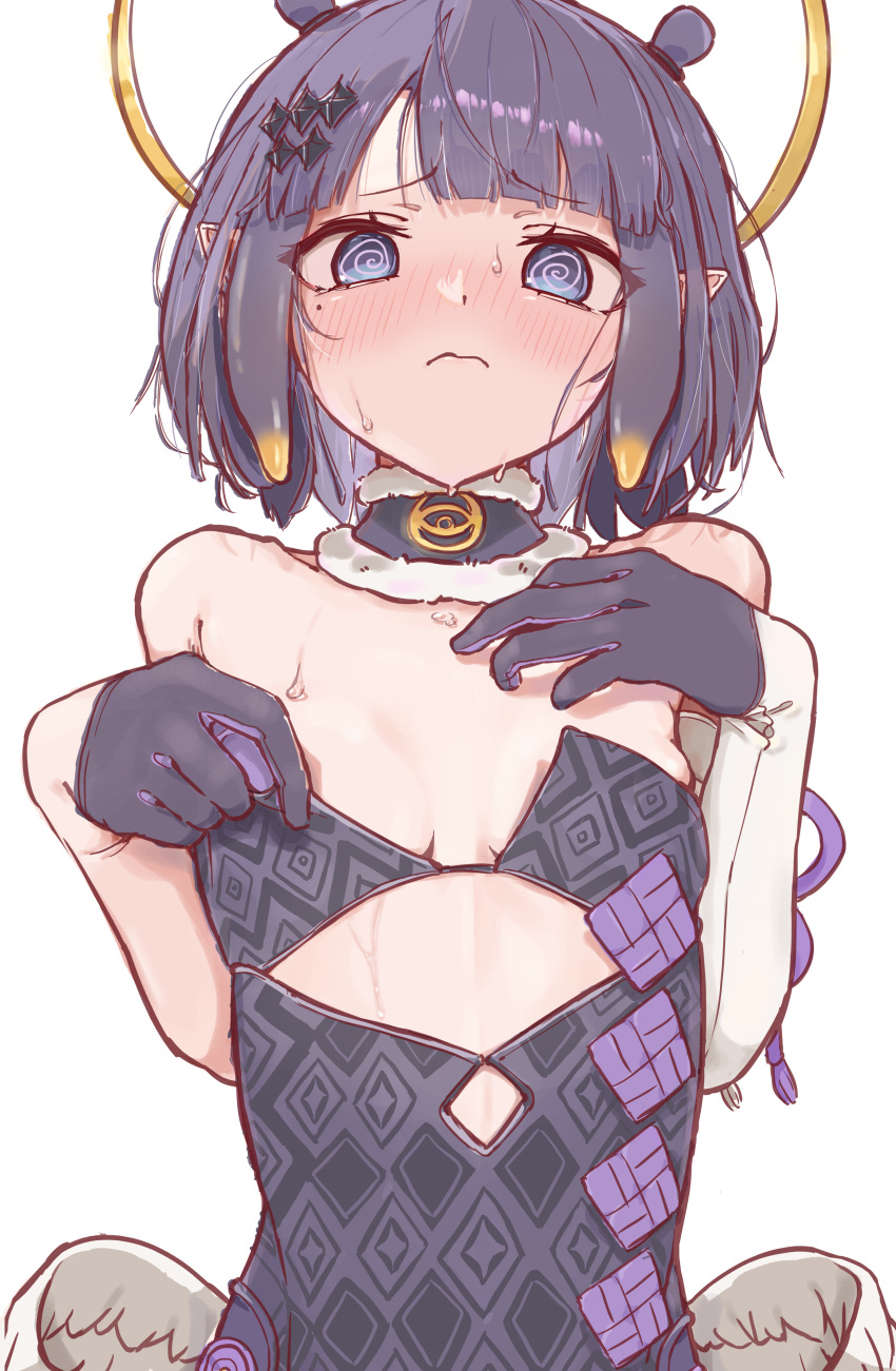 @_@ absurdres black_hair blue_eyes blush detached_collar female flat_chest gloves hair_ornament highres hololive hololive_english low_wings masute mole mole_under_eye ninomae_ina'nis ninomae_ina'nis_(1st_costume) short_hair simple_background single_sleeve solo sweat tentacle_hair upper_body virtual_youtuber white_background wings