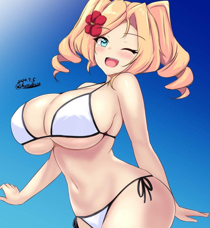 bikini blonde_hair blue_eyes breasts drill_hair female flower hair_flower hair_ornament highres honolulu_(kancolle) honolulu_(swimsuit_mode)_(kancolle) huge_breasts kantai_collection long_hair looking_at_viewer montemasa navel official_alternate_costume one_eye_closed open_mouth red_flower side-tie_bikini_bottom smile solo string_bikini swimsuit twin_drills twintails white_bikini