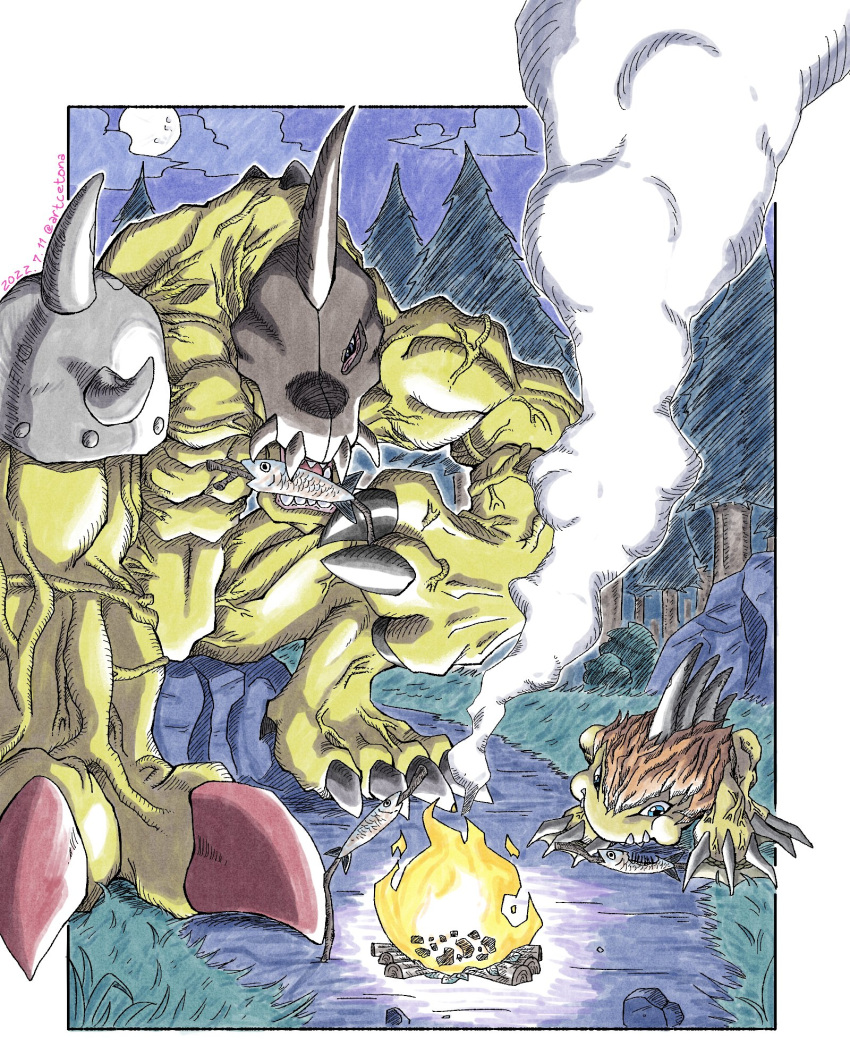 2022 4:5 ambiguous_gender artcetona bandai_namco border campfire claws cooking cyclomon detailed_background digimon digimon_(species) duo eating feral fire fish_meat food forest gizamon grass hi_res horn mask meat muscular muscular_ambiguous night outside plant rock sitting smoke spikes spikes_(anatomy) stick traditional_media_(artwork) tree vein veiny_muscles white_border yellow_body