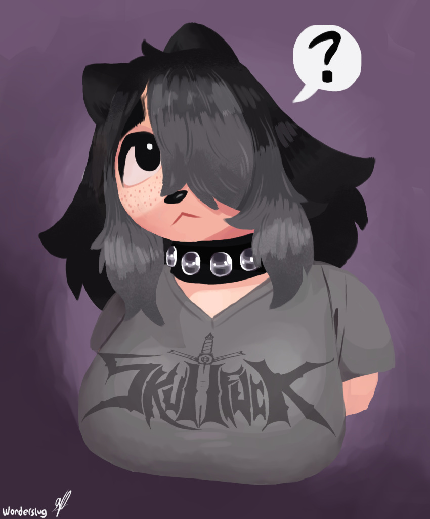 anise_(wonderslug) anthro band_merch band_shirt black_hair canid canine clothing collar female freckles gradient_background grey_highlights hair hair_over_eye hi_res highlights_(coloring) mammal mythological_canine mythological_creature mythology one_eye_obstructed purple_background shirt simple_background solo studded_collar studs t-shirt topwear v-neck v-neck_shirt were werecanid werecanine werewolf wide_eyed wonderslug