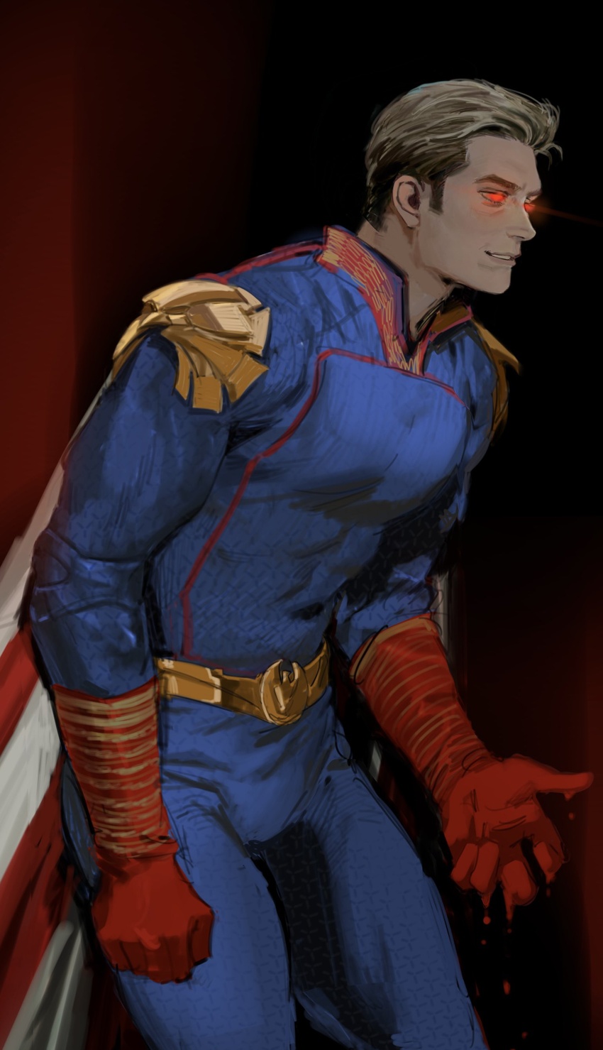 1boy absurdres belt blonde_hair blood blood_on_hands blue_bodysuit bodysuit cape evil_smile flag_print highres homelander large_pectorals male_focus muscular muscular_male pectorals red_cape short_hair smile solo superhero_costume the_boys thisuserisalive two-tone_cape white_cape