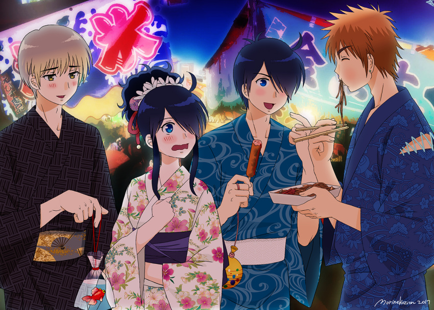 3boys ani_ni_tsukeru_kusuri_wa_nai animal black_hair black_kimono blonde_hair blue_eyes blue_kimono blush brother_and_sister cowboy_shot dated eating female festival fish floral_print food goldfish hair_bun hair_over_one_eye holding holding_animal holding_food japanese_clothes kai_xin kimono morineko_zion multiple_boys night orange_hair sash shi_fen shi_mao siblings sidelocks signature single_hair_bun wan_sui white_sash yellow_eyes yellow_sash