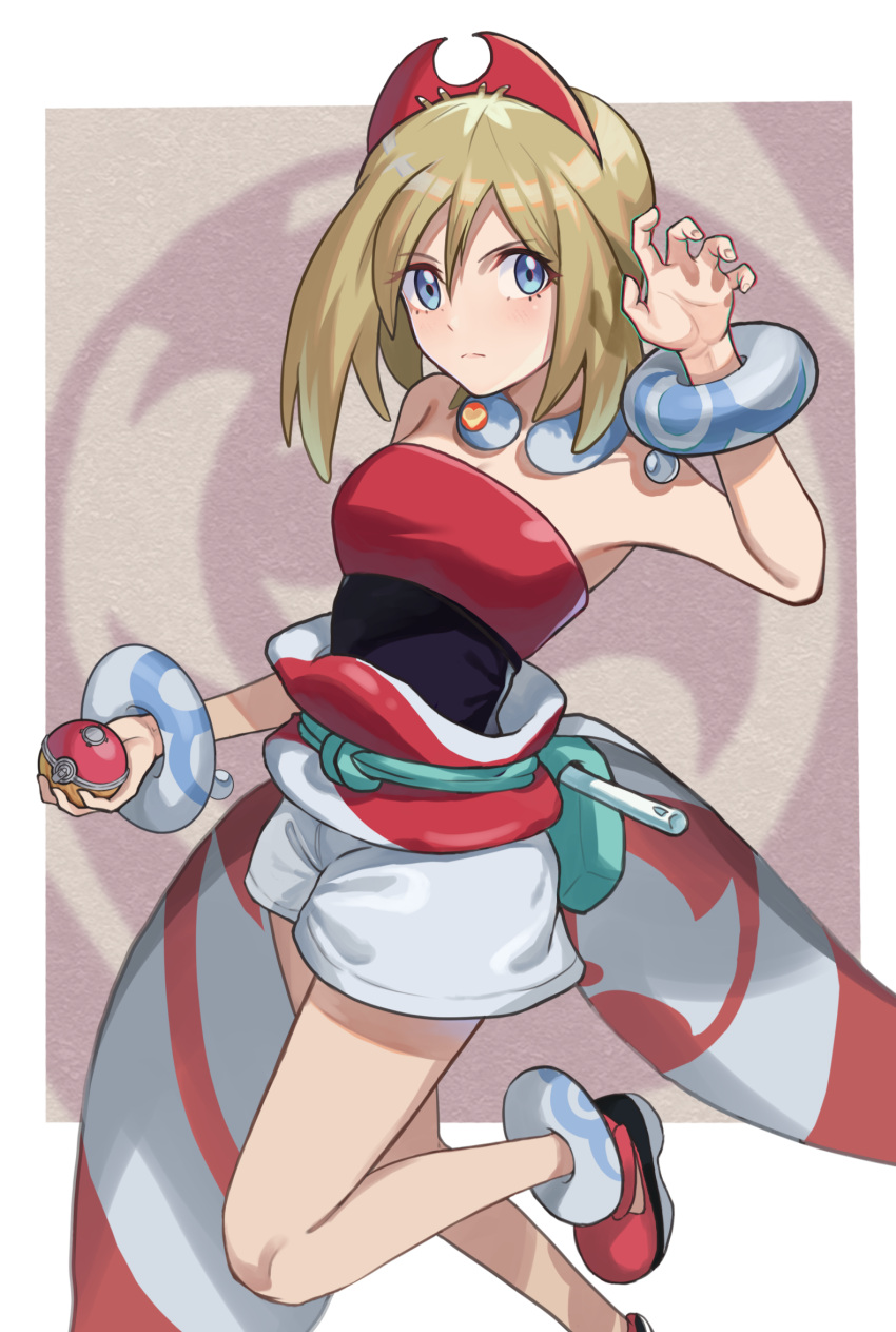 anklet blonde_hair blue_eyes blush bracelet closed_mouth collar commentary female hair_between_eyes hand_up hat highres holding holding_poke_ball irida_(pokemon) jewelry medium_hair neck_ring poke_ball poke_ball_(legends) pokemon pokemon_legends:_arceus red_footwear red_headwear red_shirt sash shirt shoes shorts strapless strapless_shirt uha waist_cape white_shorts