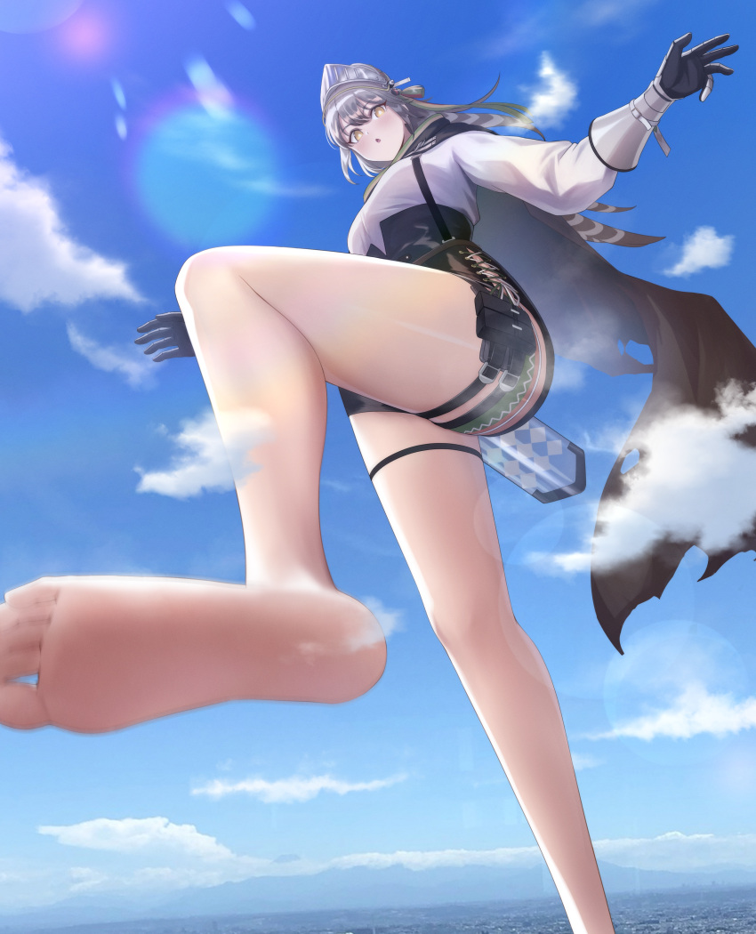 absurdres arknights barefoot black_shorts blue_sky cloud commission fartooth_(arknights) feather_hair female from_below gauntlets giant giantess grey_hair highres long_hair long_sleeves numaguro_(tomokun0808) outdoors shirt short_shorts shorts skeb_commission sky solo thigh_strap visor_(armor) white_shirt yellow_eyes