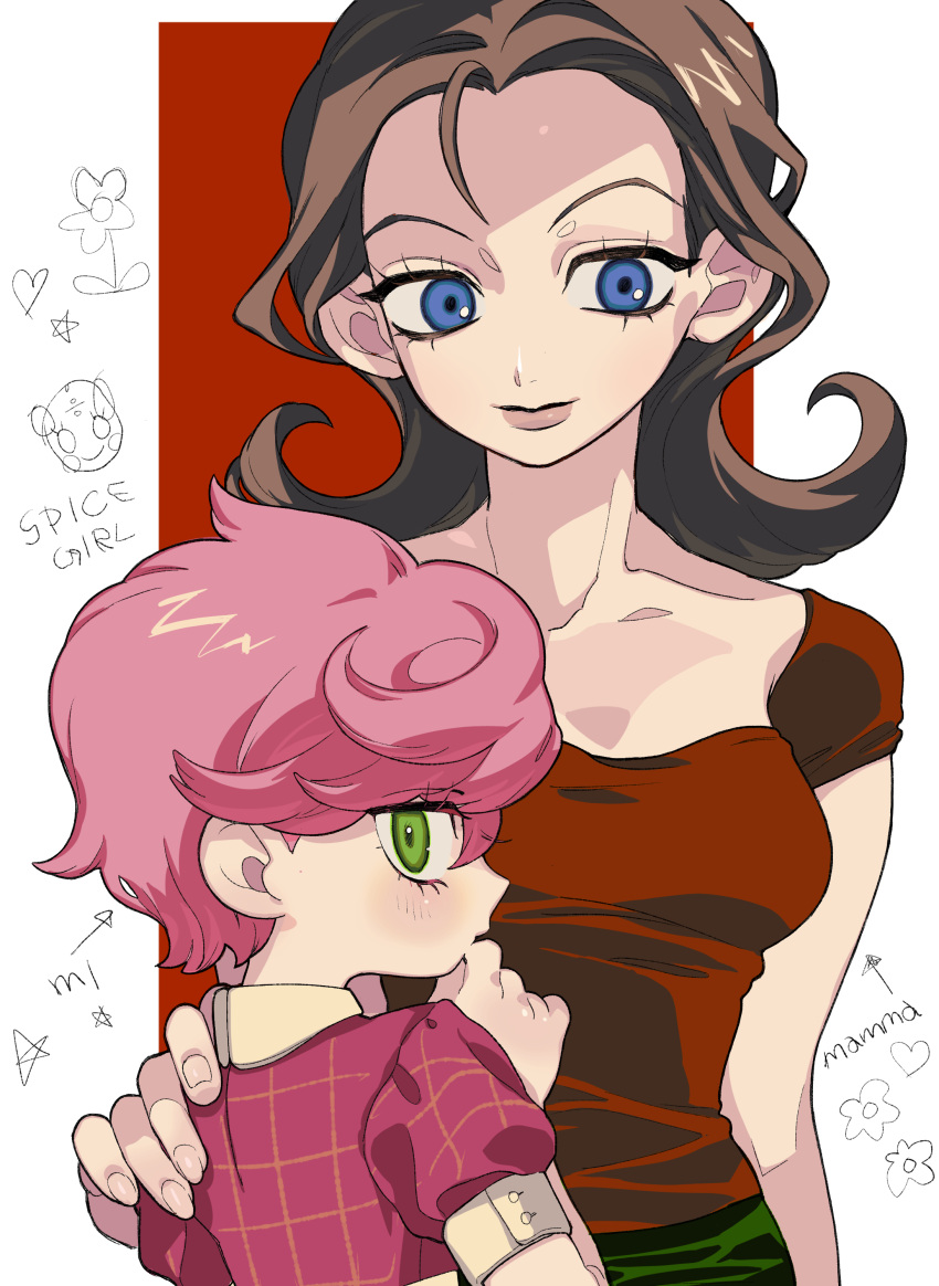 2girls absurdres blue_eyes blush brown_hair c73an collarbone commentary_request donatella_una english_text eyelashes flower green_eyes green_pants hand_on_another's_shoulder highres jojo_no_kimyou_na_bouken long_hair mother_and_daughter multiple_girls pants pink_hair pink_shirt puffy_short_sleeves puffy_sleeves red_shirt shirt short_hair short_sleeves spice_girl_(stand) trish_una vento_aureo