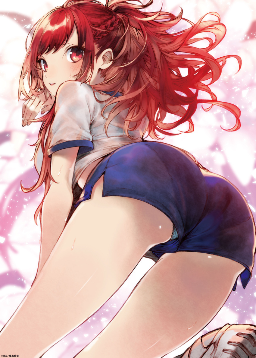 absurdres ass ass_focus bare_legs blue_panties blue_shorts blush female from_behind highres isekai_de_cheat_nouryoku_o_te_ni_shita_ore_wa_genjitsu_sekai_o_mo_musou_suru kazama_kaede kuwashima_rein official_art panties red_eyes red_hair shirt shorts underwear white_shirt