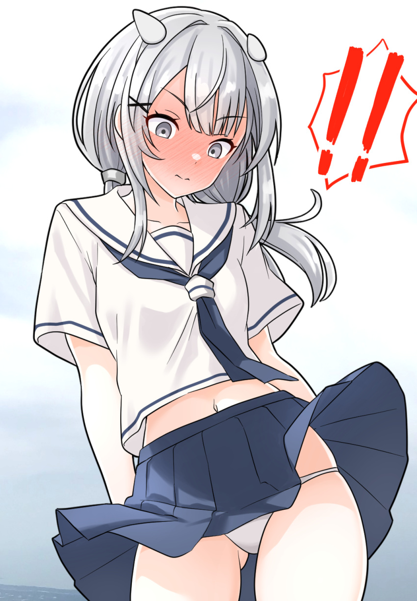 ! !! ass_visible_through_thighs black_neckerchief black_skirt blush closed_mouth cowboy_shot female furaggu_(frag_0416) grey_eyes grey_hair hair_ornament headgear highres i-201_(kancolle) kantai_collection long_hair looking_down navel neckerchief panties pleated_skirt sailor_collar sailor_shirt shirt short_sleeves skirt solo underwear white_panties white_sailor_collar white_shirt x_hair_ornament