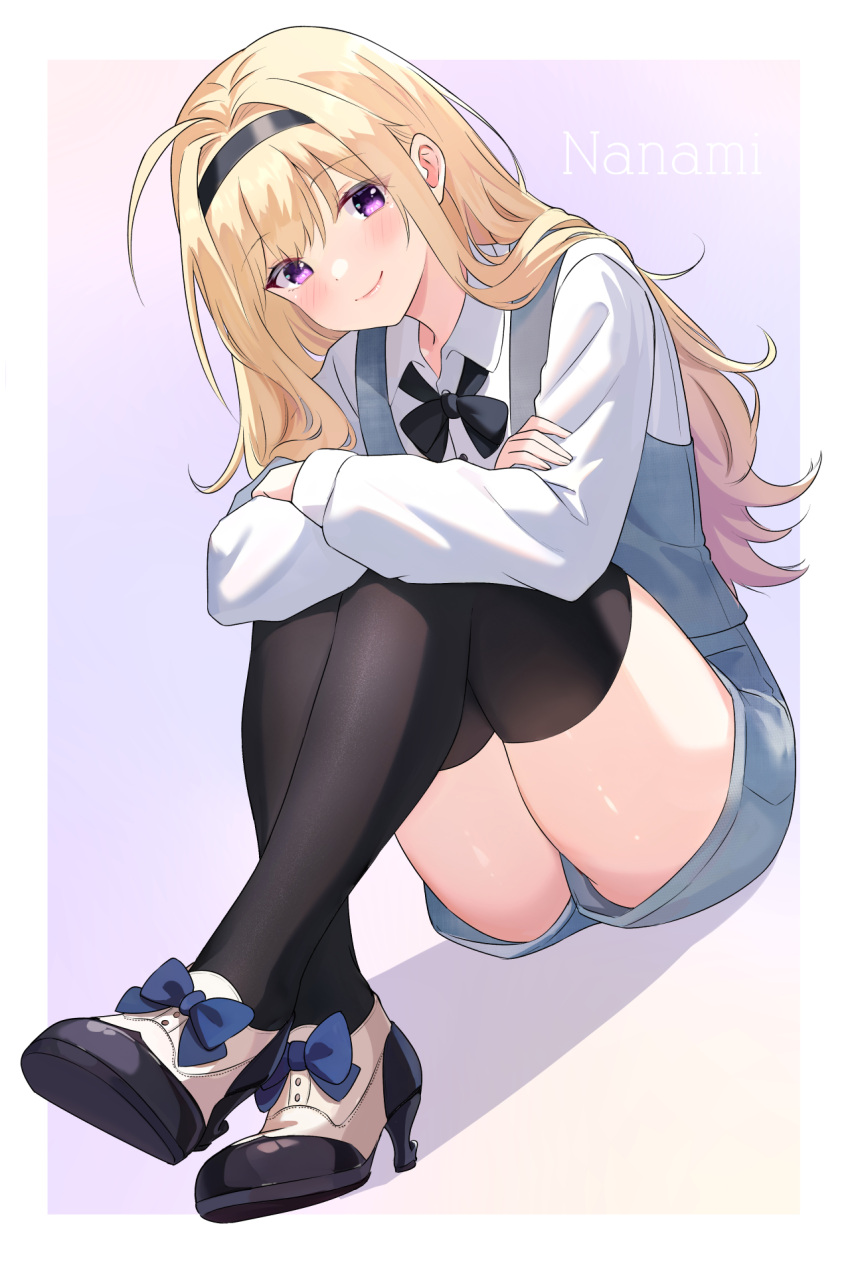 black_bow black_bowtie black_hairband blonde_hair blue_bow blue_shorts border bow bowtie chaos;head character_name closed_mouth collared_shirt crossed_ankles dutch_angle female gher5555 gradient_background hairband high_heels highres knees_up legs long_hair long_sleeves looking_at_viewer nishijou_nanami paid_reward_available purple_background purple_eyes shadow shirt short_shorts shorts sitting smile solo thighs white_border white_shirt