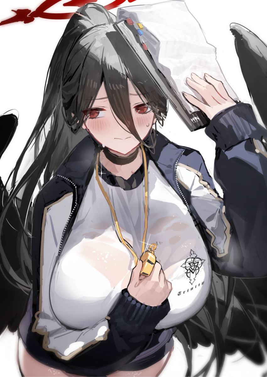 black_choker black_hair black_wings blue_archive blue_jacket breasts choker clipboard closed_mouth commentary_request embarrassed feathered_wings female hair_between_eyes halo han-0v0 hand_up hasumi_(blue_archive) hasumi_(track)_(blue_archive) highres holding holding_clipboard holding_whistle huge_breasts jacket leaning_forward long_bangs long_hair looking_ahead official_alternate_costume open_clothes open_jacket ponytail red_eyes red_halo see-through see-through_shirt shirt simple_background solo sweat wet wet_clothes wet_shirt whistle whistle_around_neck white_background white_shirt wings