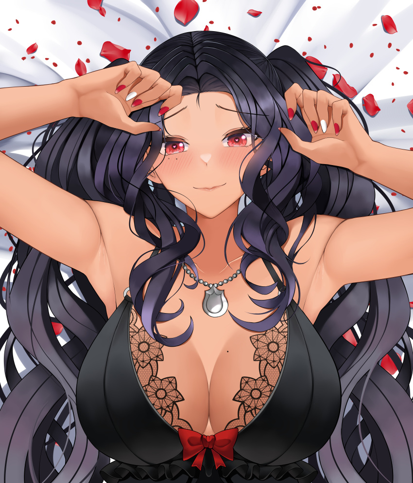 absurdres armpits arms_up babydoll bed_sheet black_babydoll black_hair bow breasts closed_mouth collarbone dark-skinned_female dark_skin female heart heart-shaped_pupils highres jewelry landacdeus large_breasts long_hair lying mole mole_under_eye mousepad_(medium) necklace nijisanji nijisanji_en on_back petals red_bow red_eyes red_nails red_petals scarle_yonaguni scarle_yonaguni_(3rd_costume) solo symbol-shaped_pupils twintails two-tone_nails upper_body white_nails