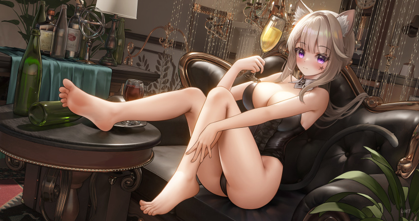 absurdres alcohol alternate_breast_size alternate_costume animal_ear_fluff animal_ears bare_shoulders barefoot bead_curtain beer_bottle black_leotard blush bottle breasts cameltoe cat_ears cat_girl cleavage clock collar commentary_request couch cup drinking_glass english_commentary facial_mark feet feet_on_table female foot_focus genshin_impact grandfather_clock hand_up highleg highleg_leotard highres holding holding_cup indoors large_breasts leotard light_brown_hair light_smile liht looking_at_viewer lynette_(genshin_impact) mixed-language_commentary on_couch plant presenting_foot purple_eyes short_hair_with_long_locks sitting soles solo star_(symbol) strapless strapless_leotard table thighs toes white_collar wine_bottle wine_glass