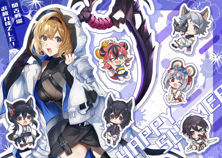 animal_ears ayer black_headband blonde_hair braid breasts chibi crossed_legs djeeta_(granblue_fantasy) erune granblue_fantasy hair_between_eyes headband highres holding holding_mask holding_weapon ilsa_(granblue_fantasy) ilsa_(summer)_(granblue_fantasy) large_breasts long_hair mask medium_hair nier_(granblue_fantasy) one_eye_closed pakkuncho purple_eyes red_eyes seox_(granblue_fantasy) smile swimsuit teeth thighs tyra_(granblue_fantasy) upper_teeth_only vikala_(granblue_fantasy) vikala_(summer)_(granblue_fantasy) weapon