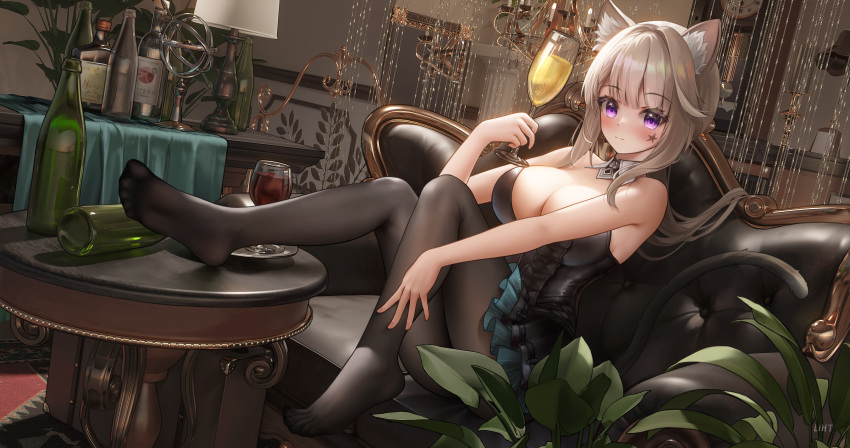 absurdres alcohol alternate_breast_size alternate_costume animal_ear_fluff animal_ears bare_shoulders bead_curtain beer_bottle black_leotard black_pantyhose black_skirt blush bottle breasts cat_ears cat_girl cleavage clock collar couch cup drinking_glass facial_mark feet feet_on_table female foot_focus genshin_impact grandfather_clock hand_up highres holding holding_cup indoors large_breasts leotard light_brown_hair light_smile liht looking_at_viewer lynette_(genshin_impact) no_shoes on_couch pantyhose plant presenting_foot purple_eyes short_hair_with_long_locks sitting skirt soles solo star_(symbol) strapless strapless_leotard table toes white_collar wine_bottle wine_glass