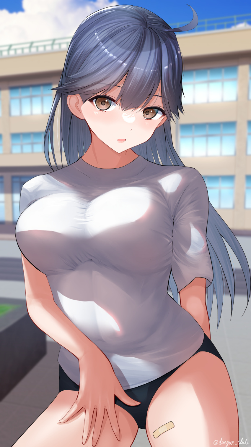 absurdres ahoge bandaid bandaid_on_leg black_hair blue_buruma blue_sky blush breasts brown_eyes buruma cloud cloudy_sky dangan_kurabu day female gym_shirt gym_uniform highres kantai_collection large_breasts long_hair looking_at_viewer open_mouth outdoors purple_buruma school shirt short_sleeves sky smile solo track_and_field ushio_(kancolle) white_shirt