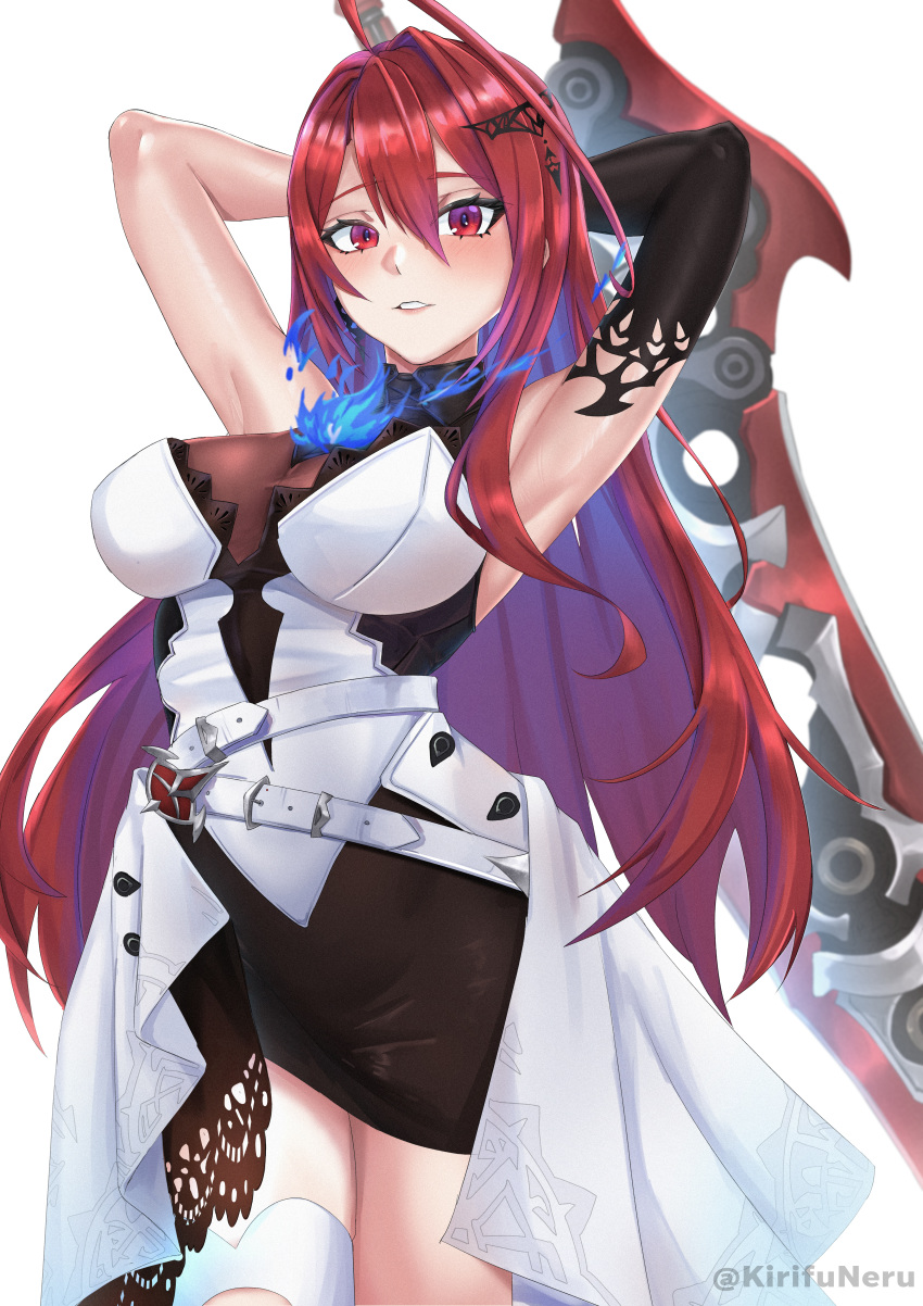 absurdres ahoge armpits arms_up blue_fire blue_hair blush breasts colored_inner_hair dress elizabeth_rose_bloodflame female fire greatsword highres holding holding_weapon hololive hololive_english huge_ahoge huge_weapon kirifu_neru large_breasts long_hair looking_at_viewer multicolored_hair open_mouth red_eyes red_hair smile solo sword thorn_(elizabeth_rose_bloodflame) very_long_hair virtual_youtuber weapon white_dress