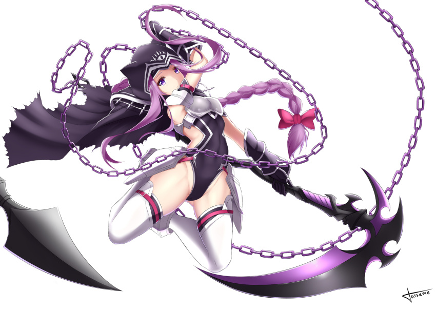 black_cape black_capelet black_cloak black_leotard cape capelet chains cloak collar fate/grand_order fate_(series) female harpe highres holding holding_scythe hood hooded_cloak leotard long_braid long_hair looking_at_viewer medusa_(fate) medusa_(lancer)_(fate) purple_eyes purple_hair red_collar scythe solo thighhighs to_kinji