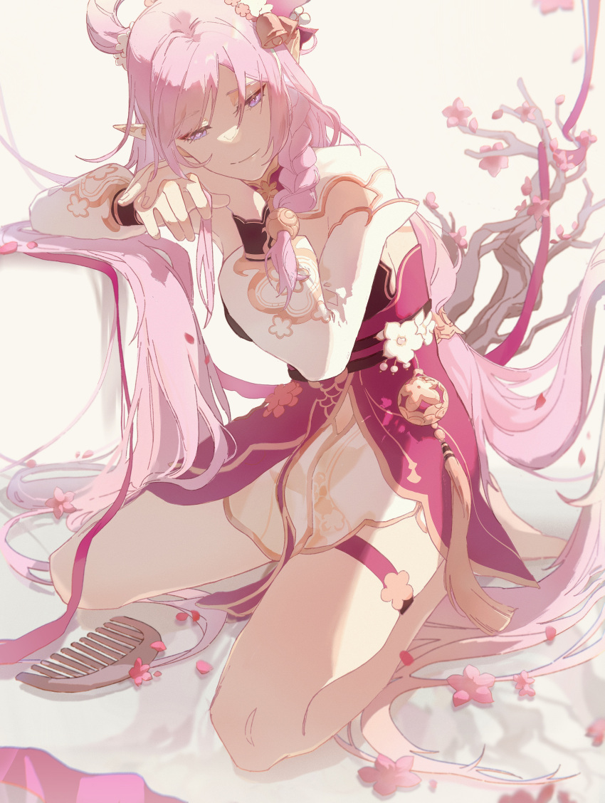 absurdres bare_legs bell braid breasts cherry_blossoms comb dress elf elysia_(herrscher_of_human:_ego)_(honkai_impact) elysia_(honkai_impact) elysia_(peachy_spring)_(honkai_impact) falling_petals female flower hair_bell hair_between_eyes hair_bun hair_flower hair_ornament highres honkai_(series) honkai_impact_3rd long_hair long_sleeves petals pink_hair pointy_ears puffy_long_sleeves puffy_sleeves purple_eyes red_dress seiza single_braid single_hair_bun sitting thigh_strap tripleefish very_long_hair