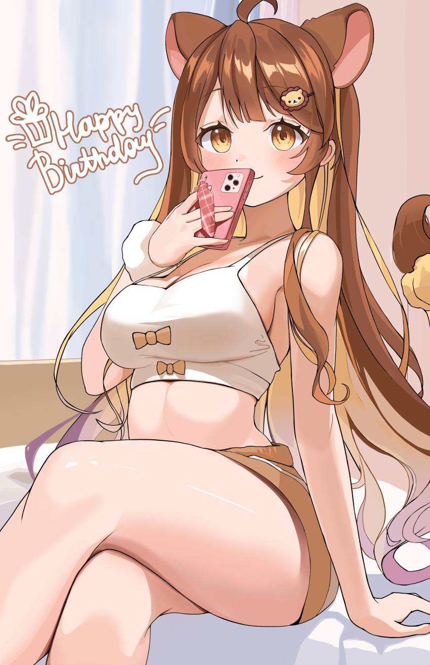 absurdres ahoge animal_ears bare_shoulders blonde_hair blush breasts brown_eyes brown_hair brown_shorts cellphone colored_inner_hair crop_top crossed_legs curtains domodomo0708 female gradient_eyes happy_birthday highres holding holding_phone indoors large_breasts lion_ears lion_girl lion_hair_ornament lion_tail long_hair looking_at_viewer midriff multicolored_eyes multicolored_hair phone re:act shishigami_leona short_shorts shorts sitting smartphone smile solo strap_gap streaked_hair tail thighs two-tone_hair very_long_hair virtual_youtuber white_bustier yellow_eyes