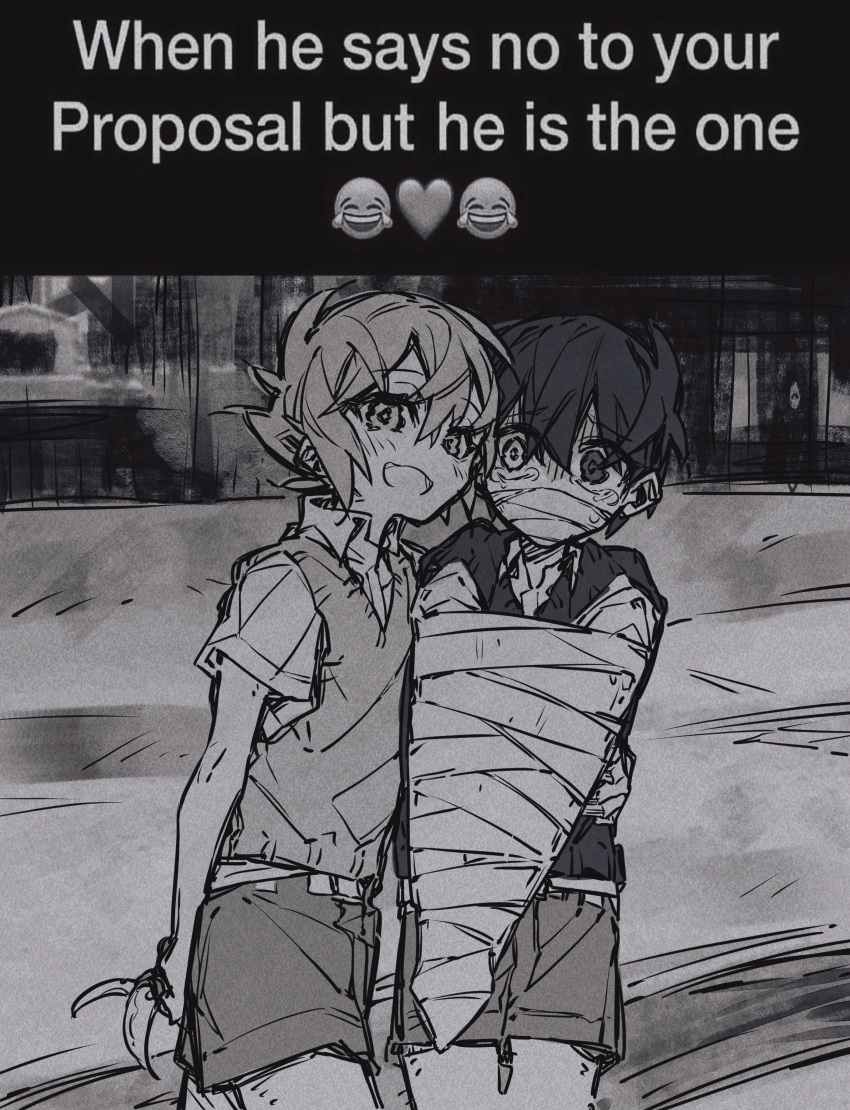 2boys absurdres basil_(faraway)_(omori) basil_(omori) bound bound_arms english_text gag greyscale highres image_macro_(meme) improvised_gag kyannu looking_at_viewer male_focus meme monochrome multiple_boys omori open_mouth pruning_shears short_hair short_sleeves shorts smile something_(omori) spoilers sunny_(omori) sweater_vest tape tape_gag tearing_up yaoi